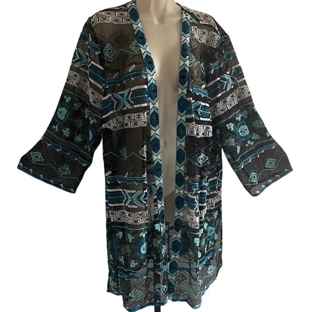 Plus Size‎ Embroidered Sheer Kimono Cardigan Boho Black Teal Longline